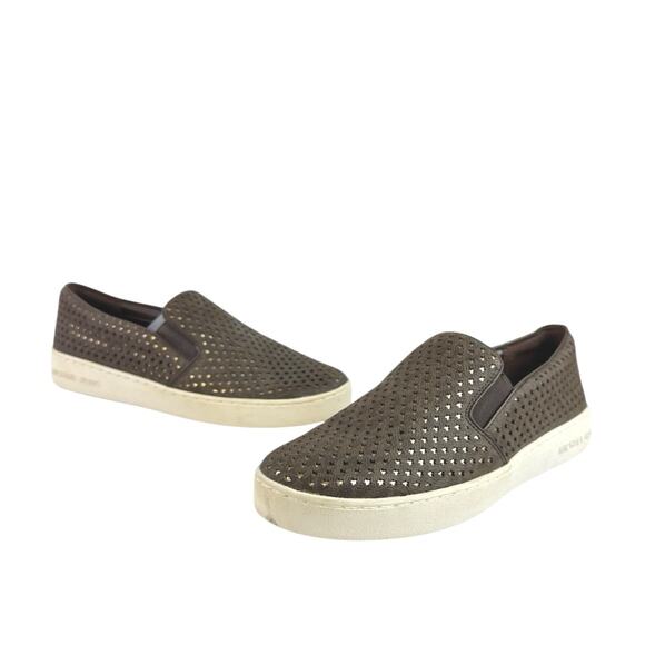 Michael Kors Keaton Women's Brown Laser Cut Leather Slip On Sneakers Shoes Sz 8 - Picture 8 of 9